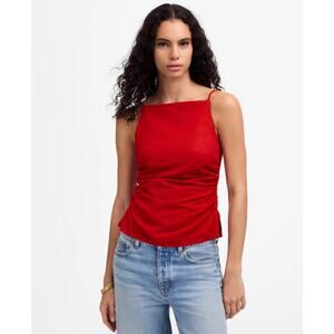 Madewell Ruched Squareneck Tank WMNS 2 Red Linen-Cotton Adjustable Strap Smocked